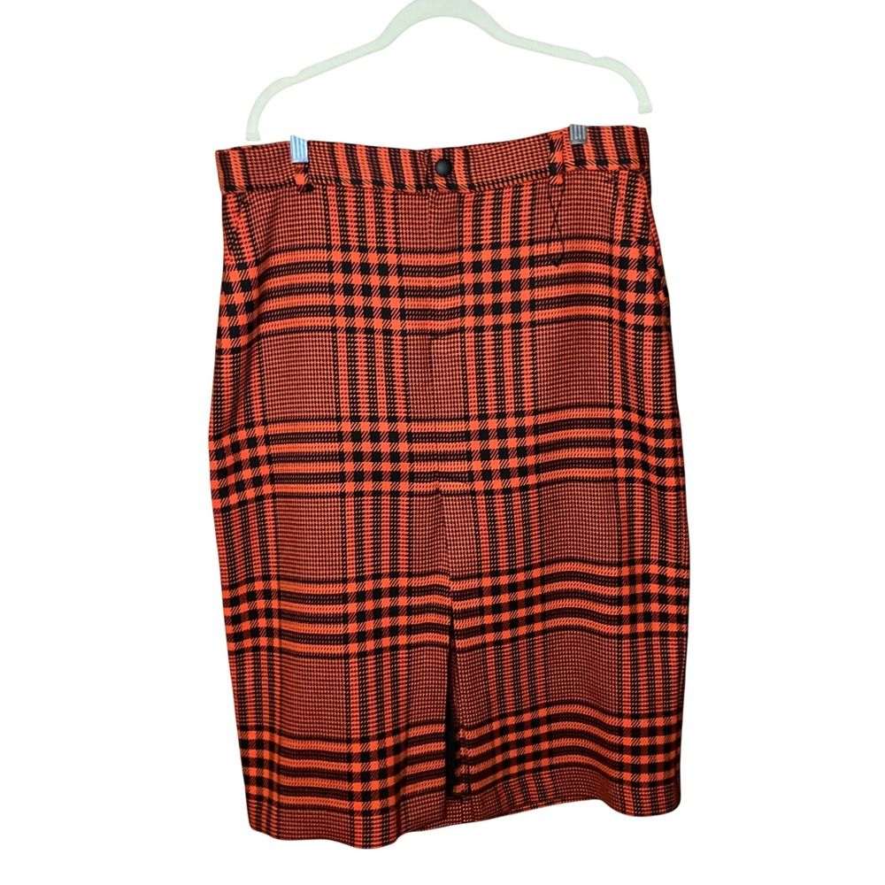Zara Pencil Skirt Women's XXL Orange Black Plaid  Front Slit Knee Length Bold